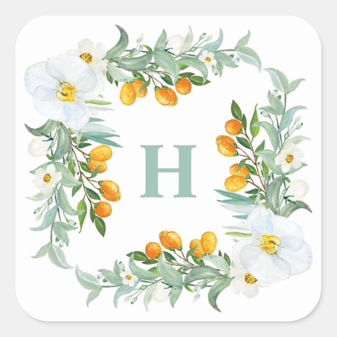 Watercolor White Orchids and Kumquats Monogram Square Sticker