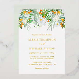 Watercolor White Orchids and Kumquats Wedding Foil Invitation