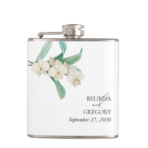 Watercolor White Orchids Floral Wedding Flask