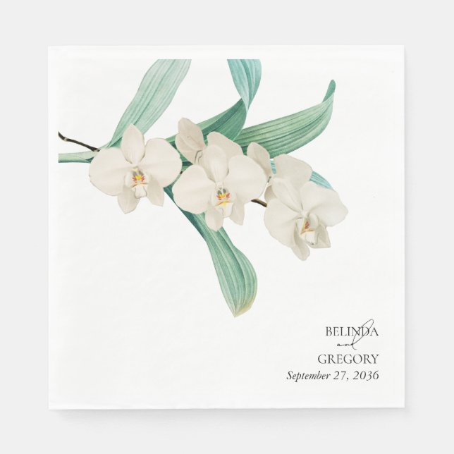 Watercolor White Orchids Floral Wedding Napkins (Front)