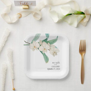 Watercolor White Orchids Floral Wedding Paper Plates