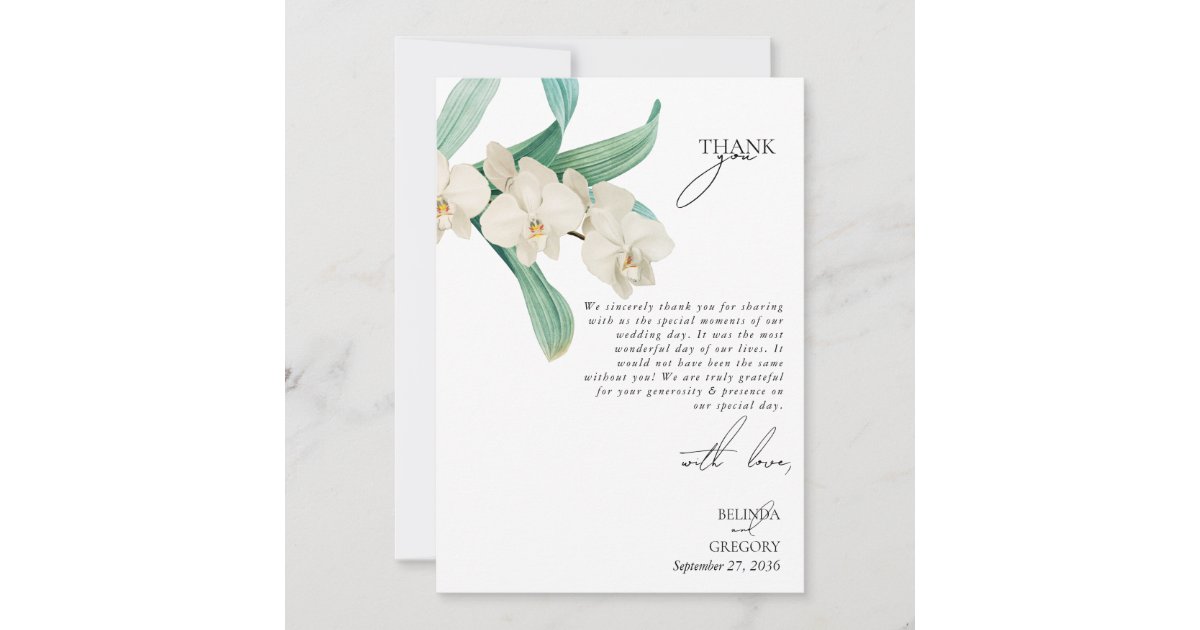 Watercolor White Orchids Floral Wedding Thank You Card | Zazzle