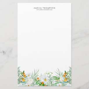 Watercolor White Orchids & Kumquats Garland Custom Stationery
