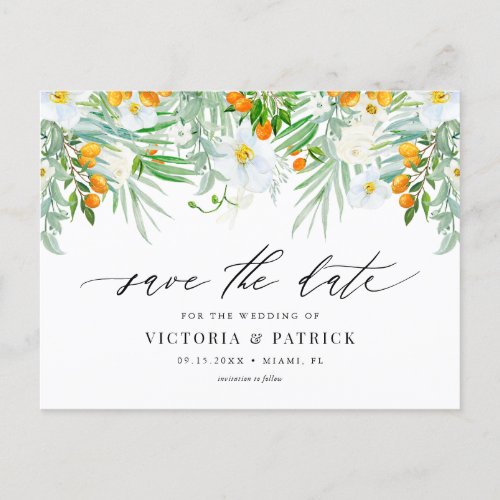 Watercolor White Orchids  Kumquats Save the Date Announcement Postcard