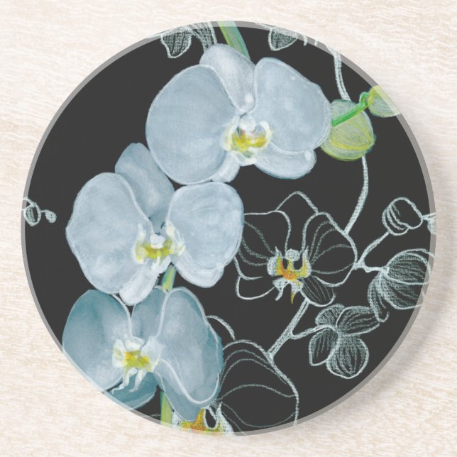 Watercolor White Orchids Pattern Drink Coaster (Front)