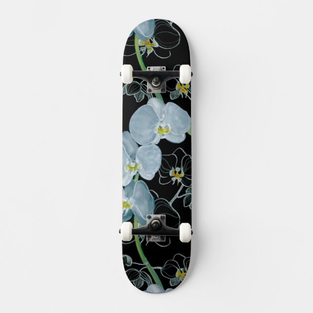 Watercolor White Orchids Pattern Skateboard Deck (Front)
