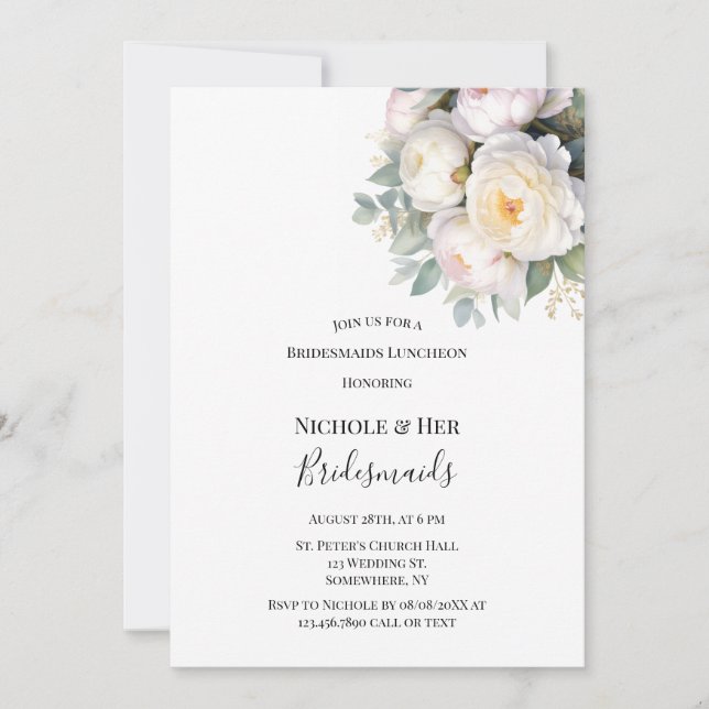 Watercolor White Peonies Bridesmaids Luncheon Invitation (Front)