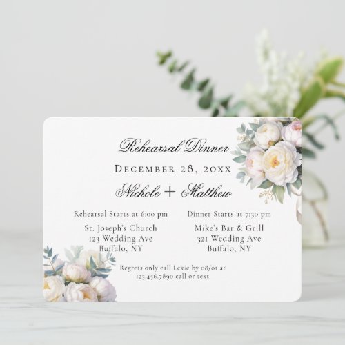 Watercolor White Peonies Wedding Rehearsal Dinner