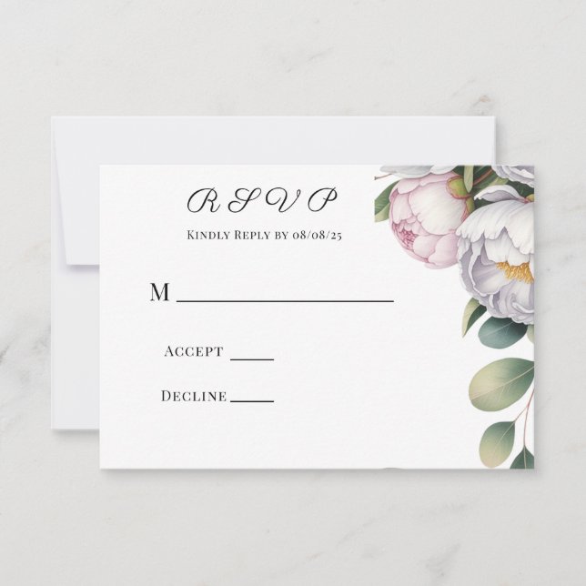 Watercolor White Peonies Wedding RSVP Card (Front)