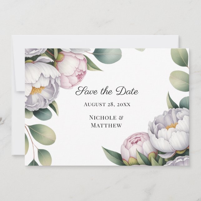 Watercolor White Peonies Wedding Save The Date (Front)