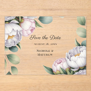 Watercolor White Peonies Wedding Save the Date Acrylic Invitations