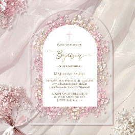 watercolor white pink flowers Baptism Acrylic Invitations