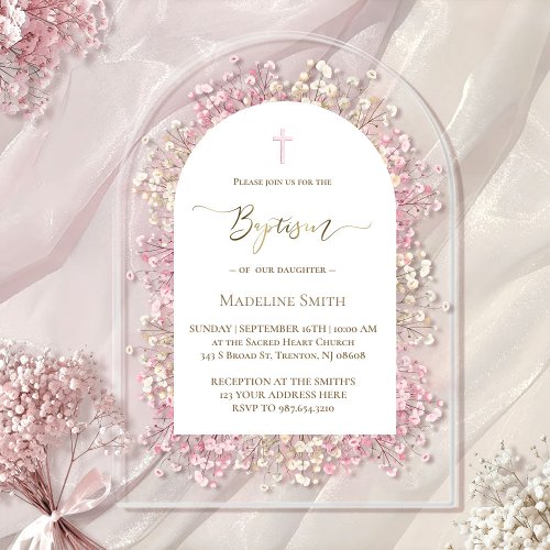 watercolor white pink flowers Baptism Acrylic Invitations