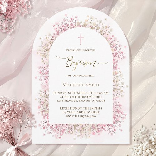 watercolor white pink flowers Baptism Invitation