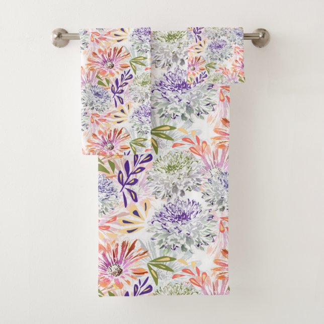 Watercolor white, pink flowers  bath towel set (Insitu)