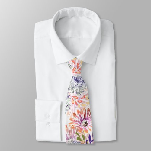 Watercolor white pink flowers neck tie