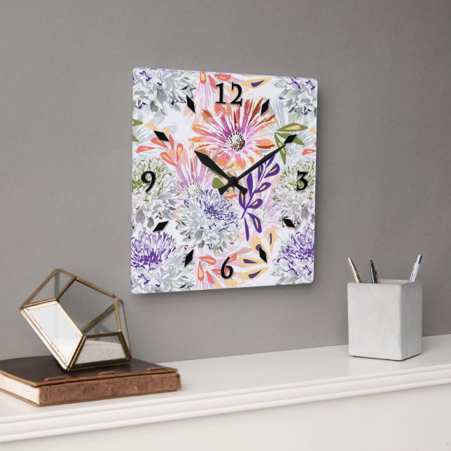Watercolor white, pink flowers  square wall clock (Office)