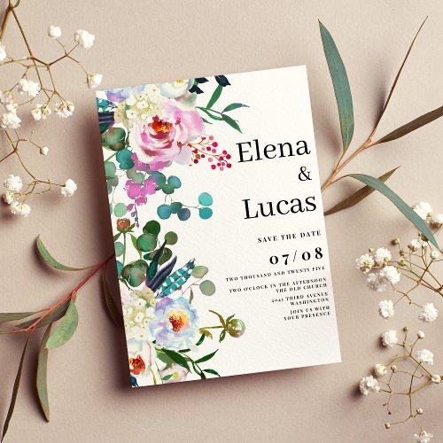 Watercolor white pink mint peony floral wedding invitation