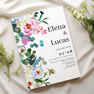 Watercolor white pink mint peony floral wedding invitation