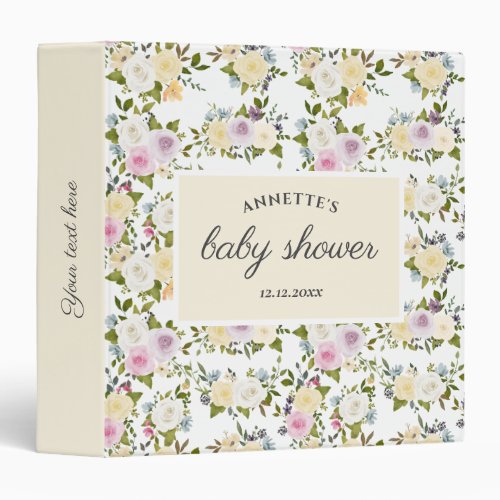 Watercolor White Pink Roses Baby Shower  3 Ring Binder