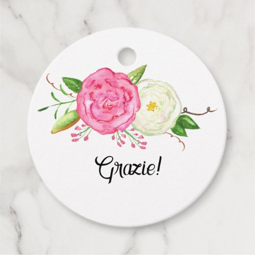 Watercolor White Pink Roses Grazie  Favor Tags