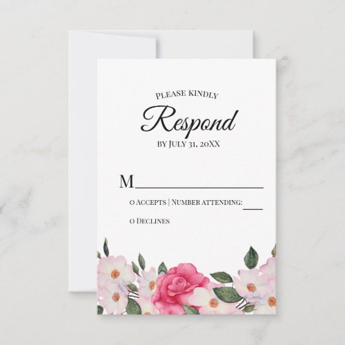 Watercolor White Pink Roses Wedding RSVP Respond