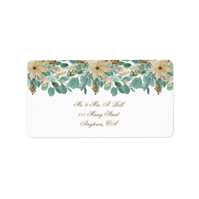 Watercolor White Poinsettia and Holly Label (Front)