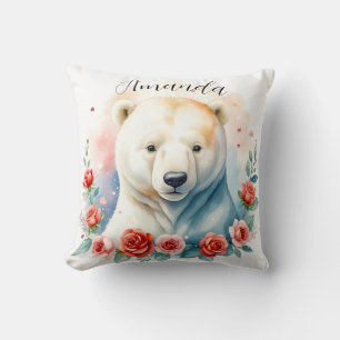 Watercolor White Polar Bear Floral Throw Pillow