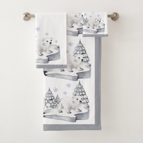 Watercolor White Polar Bear Pine Trees Christmas Bath Towel Set
