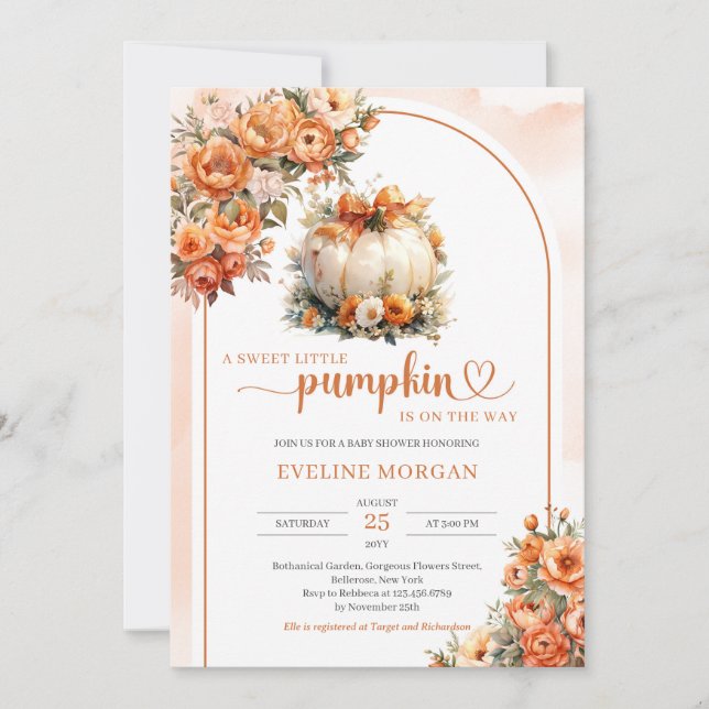 Watercolor white pumpkin autumn peonies fall girl invitation (Front)