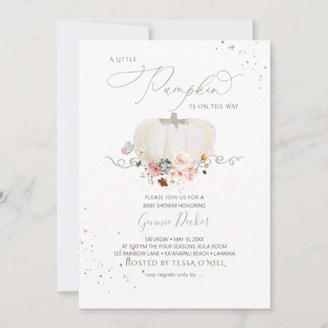 Watercolor White Pumpkin Fall Garden Flowers Invitation (Front)