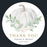 Watercolor White Pumpkin Fall Wedding Thank You Classic Round Sticker<br><div class="desc">Send thanks to your guests with this customizable thank you sticker. It features watecolor illustrations of a white pumpkin,  eucalyptus leaves and greenery accents. Personalize by adding your details. This pumpkin thank you sticker is perfect for fall weddings,  bridal showers,  birthdays,  baby showers,  and more. Matching items are available.</div>