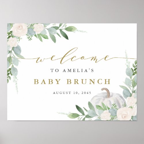 Watercolor White Pumpkin Greenery Fall Baby Brunch Poster