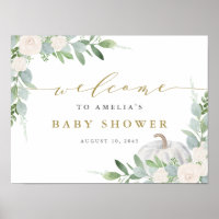 Watercolor White Pumpkin Greenery Fall Baby Shower Poster