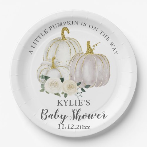Watercolor White Pumpkin Roses Baby Shower   Paper Plates
