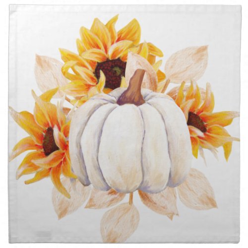 WATERCOLOR WHITE PUMPKIN  SUNFLOWERS CLOTH NAPKIN