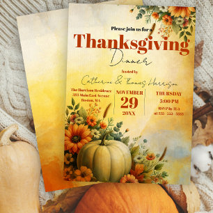 Watercolor White Pumpkin Thanksgiving Dinner Invitation