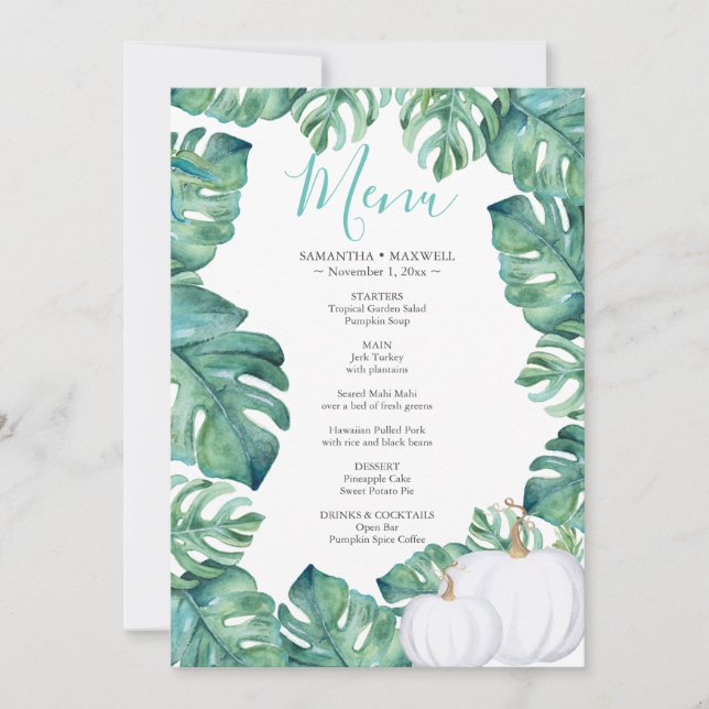 Watercolor White Pumpkin Tropical Menu Invitation (Front)