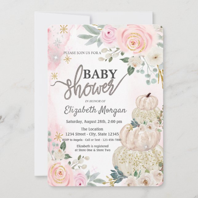 Watercolor White Pumpkins Flowers Baby Shower Invitation (Front)