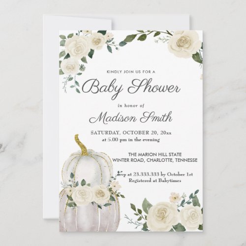 Watercolor White Pumpkins Roses  Baby Shower Invitation