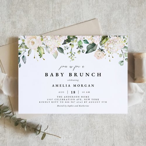 Watercolor White Rose and Hydrangea Baby Brunch Invitation