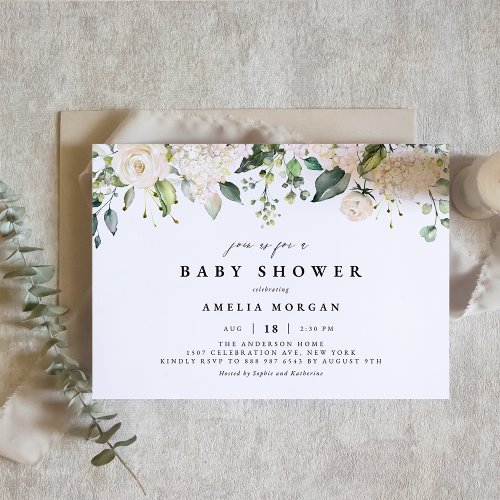 Watercolor White Rose and Hydrangea Baby Shower Invitation