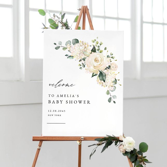 Watercolor White Rose and Hydrangea Baby Shower Poster (Creator Uploaded)