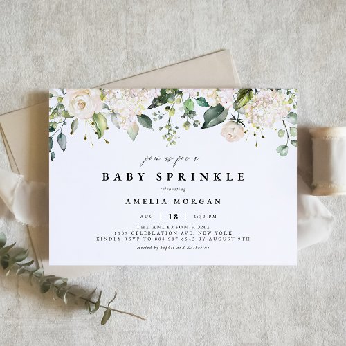 Watercolor White Rose and Hydrangea Baby Sprinkle Invitation