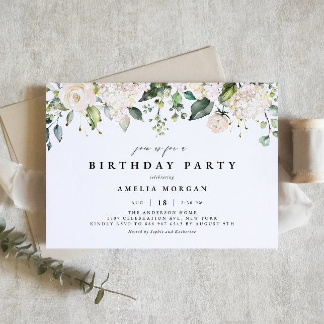 Watercolor White Rose and Hydrangea Birthday Party Invitation (Creator Uploaded)