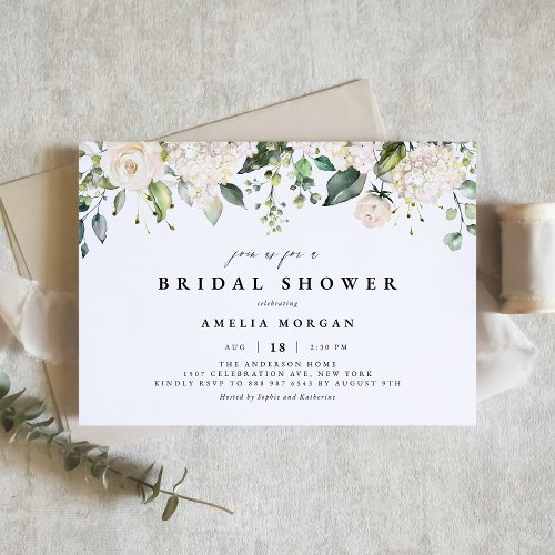 Watercolor White Rose and Hydrangea Bridal Shower Invitation