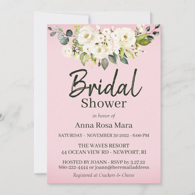 *~* Watercolor White Rose Bridal Shower Pink Invitation (Front)