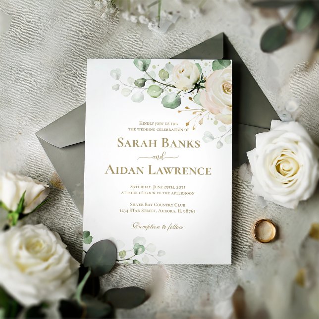 Watercolor White Rose Floral Wedding Invitation (Creator Uploaded)