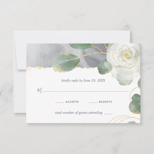 Watercolor White Rose Gold Greenery Floral Wedding RSVP Card