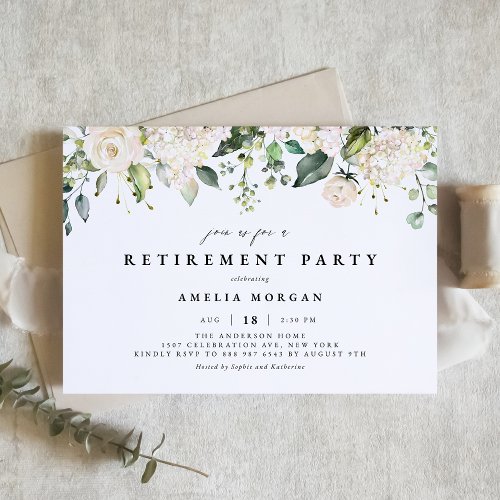 Watercolor White Rose  Hydrangea Retirement Party Invitation